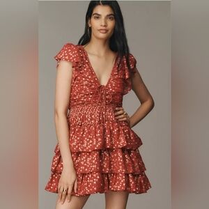 Anthropologie Red And Gold Mini Ruffle Dress